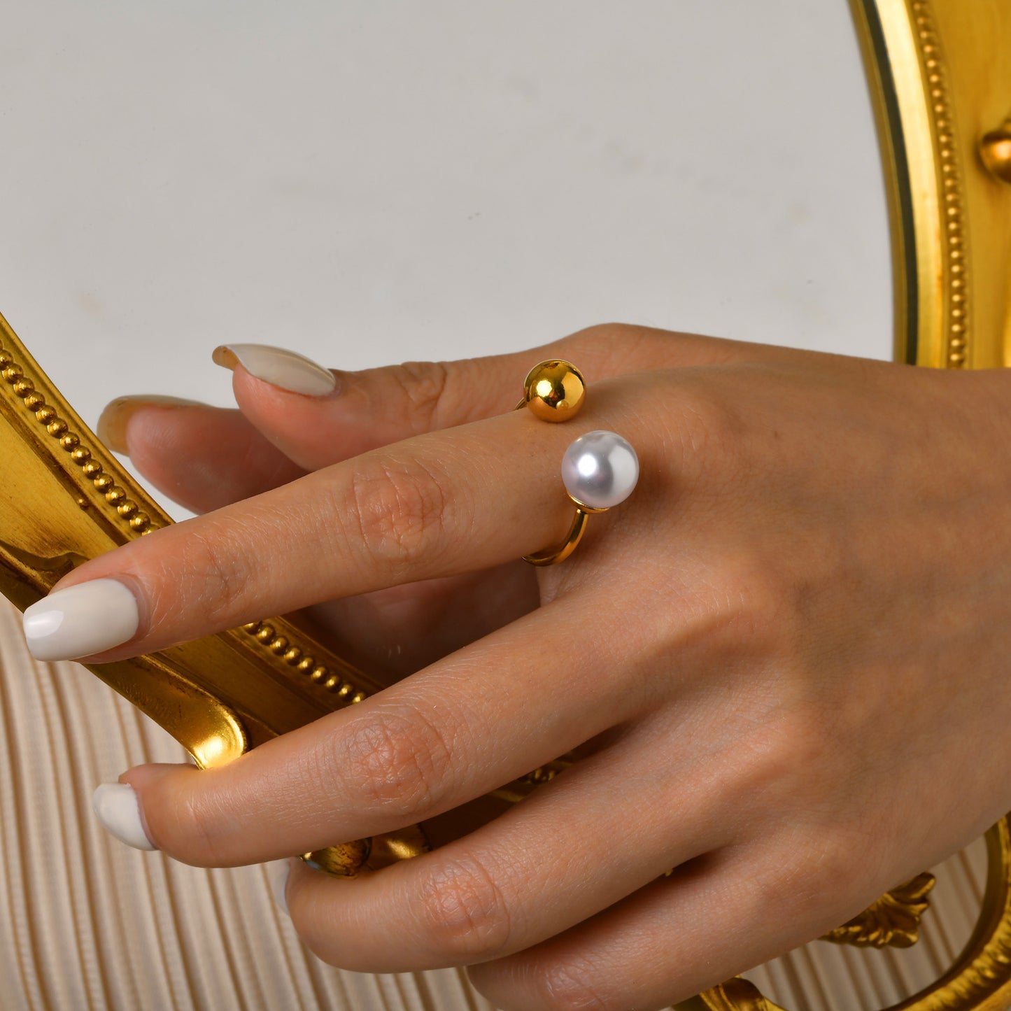 Bague Acier Inoxydable 304 Plaqué Or 18K - Rond Perles Artificielles Anneau Ouvert