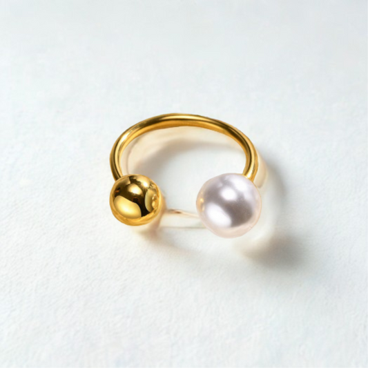Bague Acier Inoxydable 304 Plaqué Or 18K - Rond Perles Artificielles Anneau Ouvert