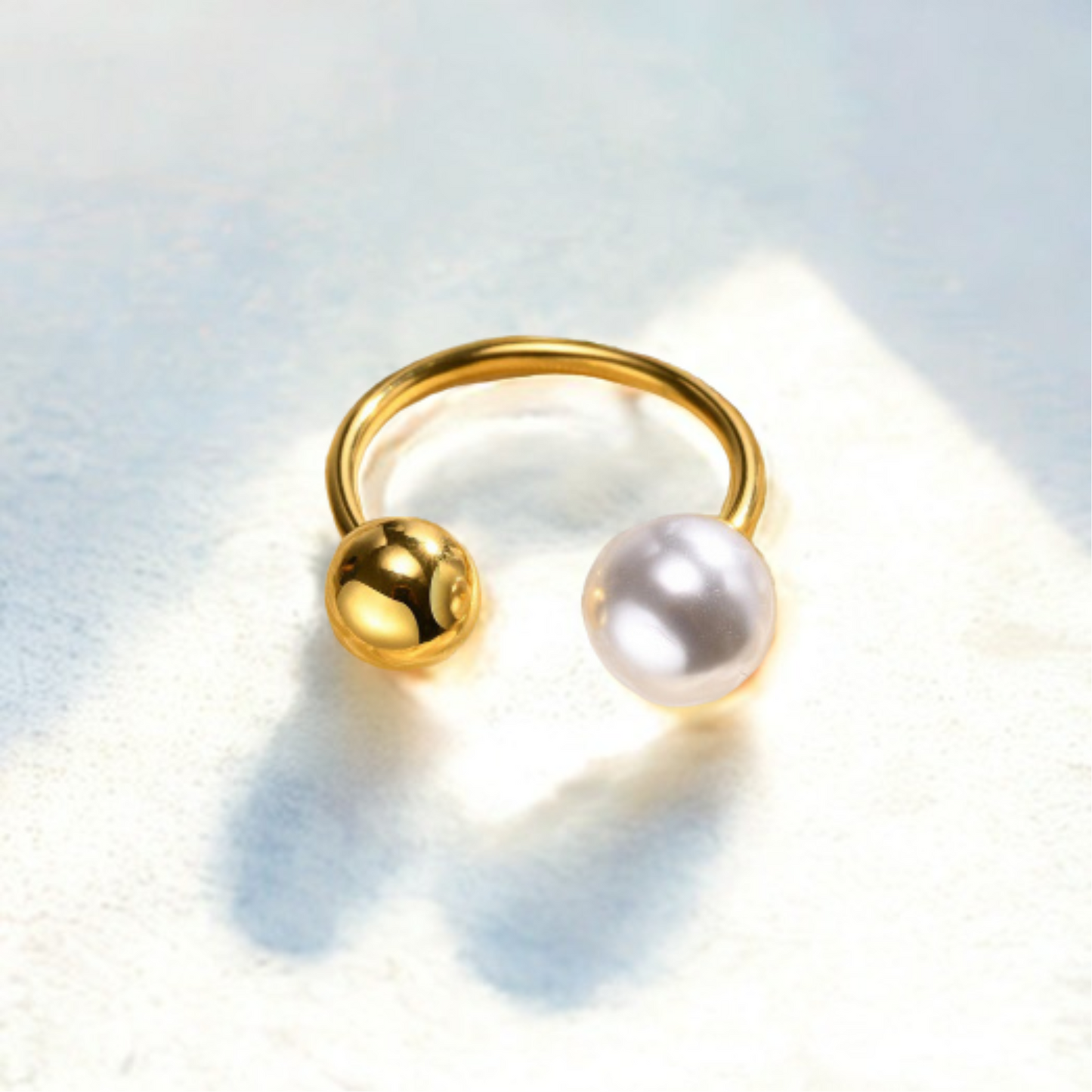 Bague Acier Inoxydable 304 Plaqué Or 18K - Rond Perles Artificielles Anneau Ouvert